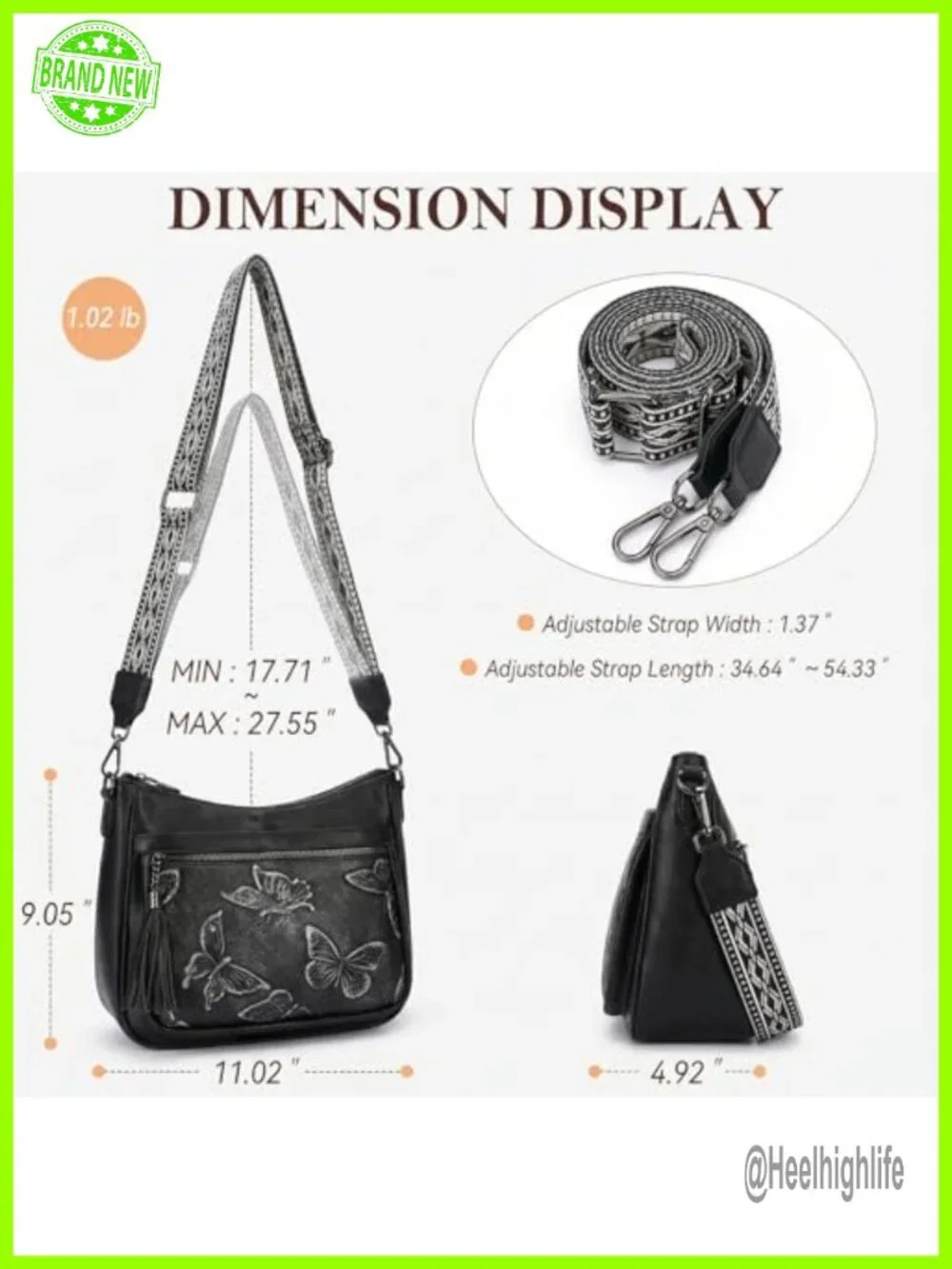 Vegan Leather Hobo Crossbody Butterfly Embossed Purse Women Handbag